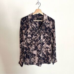 Barneys New York Dark Navy and Cream/Blush Snake-Print Button Down Blouse